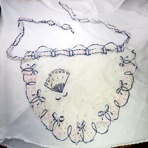 VTG White Blue Waist Half Apron Bow & Fan Cottagecore Farm Chore Boho Chic *READ